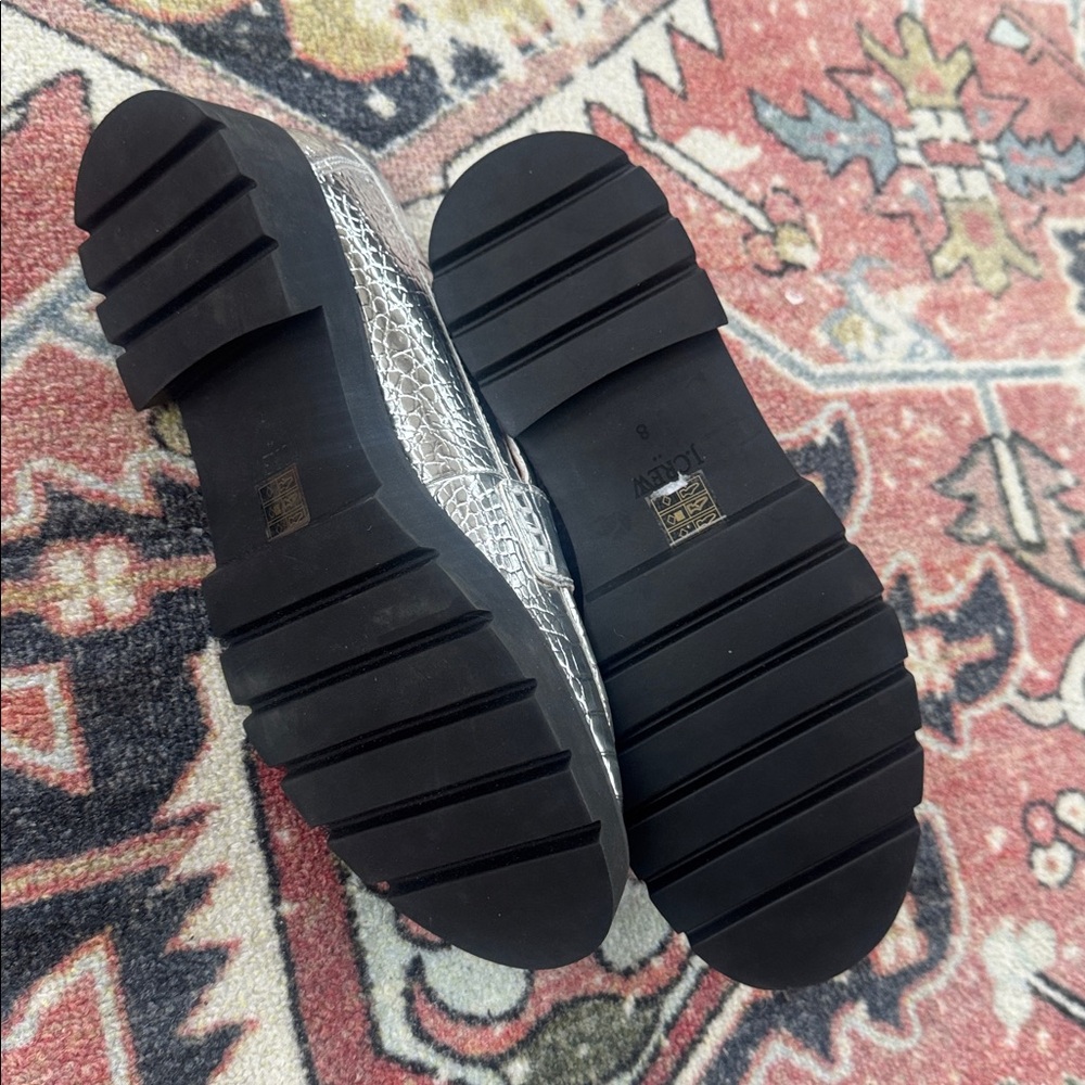 J Crew Winona Lug Sole Platform Silver Croc Embossed Loafers Metallic $228 - Picture 5 of 5